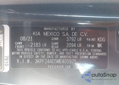 2021 Kia Forte Lxs из США, поврежденный, VIN 3KPF24AD5ME405975